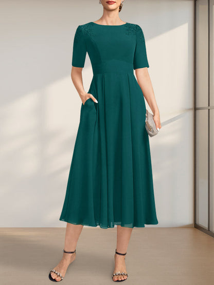 A-Linie U-Ausschnitt Wadenlang Chiffon Kleid für die Brautmutter mit Applikationen Spitze Pailletten