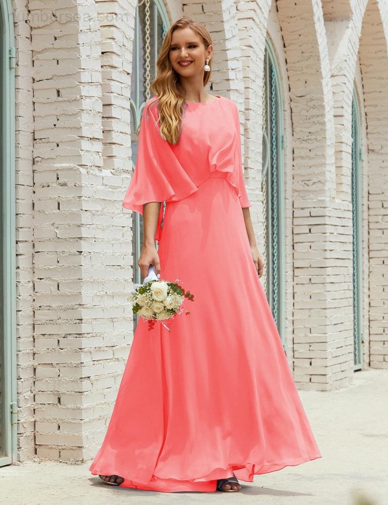 Abito da Damigella Donna Manica Lunga Scollatura a V Chiffon Abito da Cerimonia Matrimonio Festa 28018
