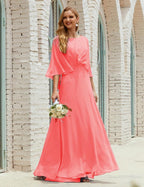 Abito da Damigella Donna Manica Lunga Scollatura a V Chiffon Abito da Cerimonia Matrimonio Festa 28018