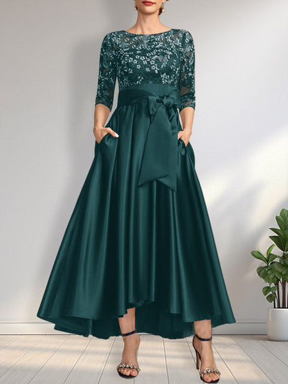 A-Linie U-Ausschnitt Illusion Asymmetrisch Satin Spitze Mutter der Braut Kleid mit Schleife