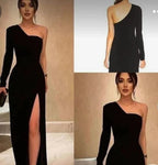 Vestidos longos de baile em veludo preto de um ombro Vestidos formais de noite em veludo preto de um ombro S24607