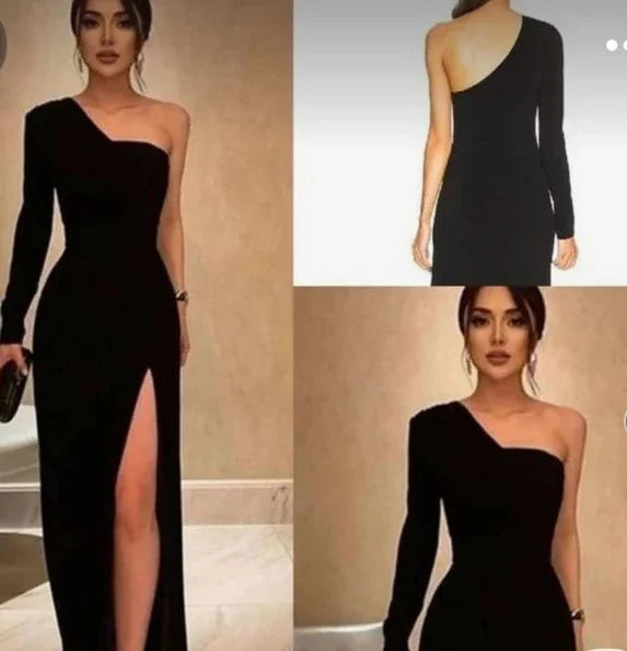 Vestidos longos de baile em veludo preto de um ombro Vestidos formais de noite em veludo preto de um ombro S24607