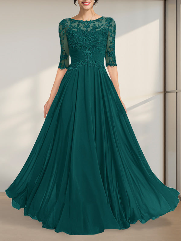 A-Linie, U-Ausschnitt, Illusion, bodenlanges Chiffon-Spitzenkleid für die Brautmutter mit plissierten Pailletten