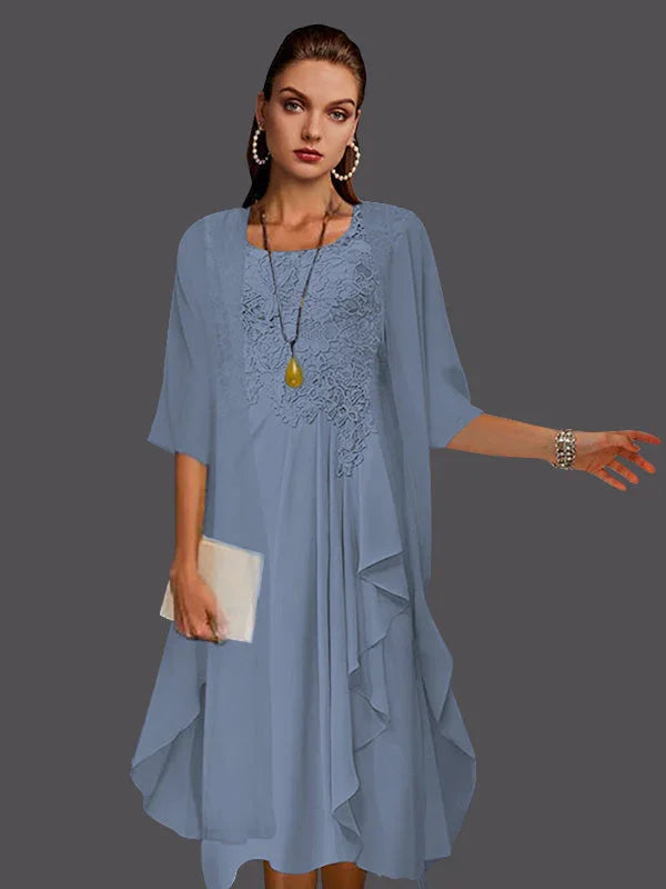 Vestidos de dos piezas con chaqueta sin mangas de encaje de gasa en línea A con pliegues y apliques