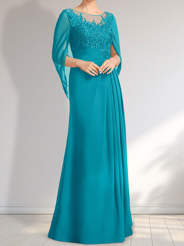 A-Linie, U-Ausschnitt, Illusion, bodenlanges Chiffon-Kleid für die Brautmutter mit plissierten Pailletten