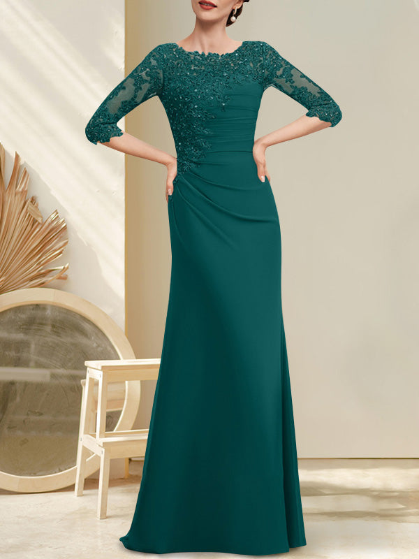 Robe de mère de la mariée en mousseline et dentelle, longueur au sol, en ligne A, décolleté en U, ornée de perles et de paillettes plissées