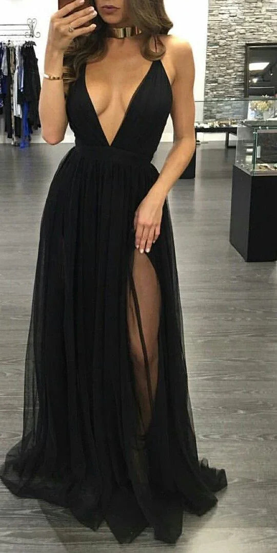 Abiti da sera neri, abito da sera in chiffon, abiti da sera a linea ad A, abiti da sera, vestito da festa, abito da sera con spacco per adolescenti Y1248