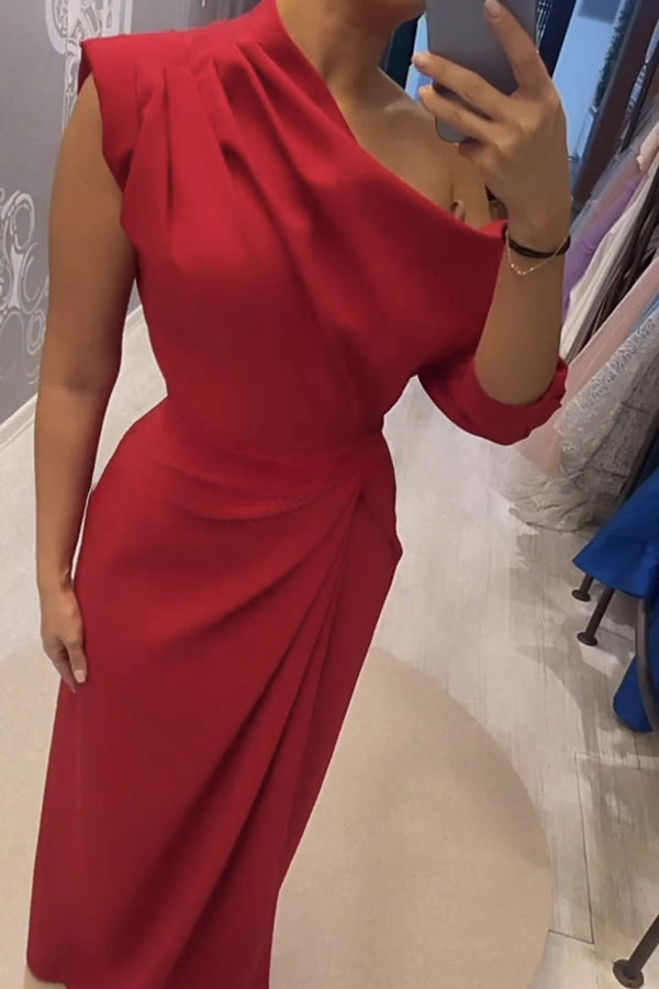 Vestido largo formal de media manga con cuello irregular fruncido de Single Tonight 