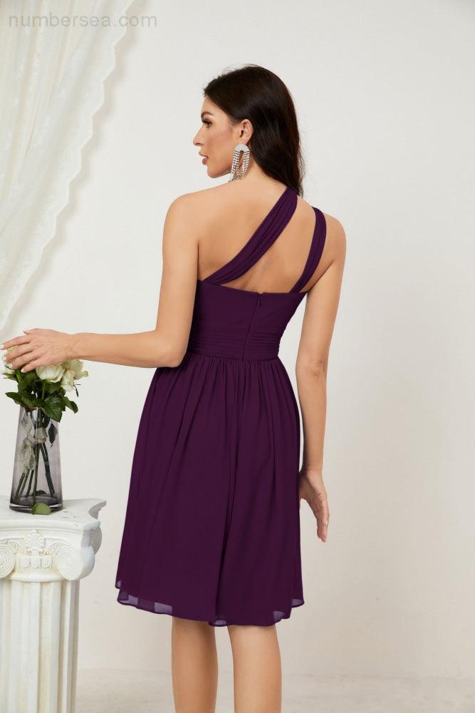 Numbersea Damen Chiffon Kurzes Ein-Schulter Brautjungfernkleid Festliche Kleider für Feier Heimkehr 2804