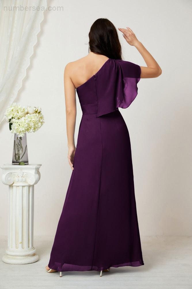 Abito da Sera Formale A-line con Spalla Singola e Balze in Chiffon, Spacco Laterale, per Damigelle, Modello 2809