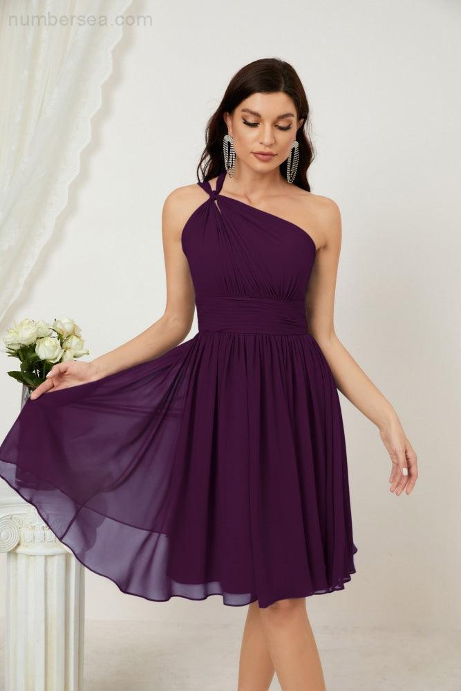 Numbersea Damen Chiffon Kurzes Ein-Schulter Brautjungfernkleid Festliche Kleider für Feier Heimkehr 2804