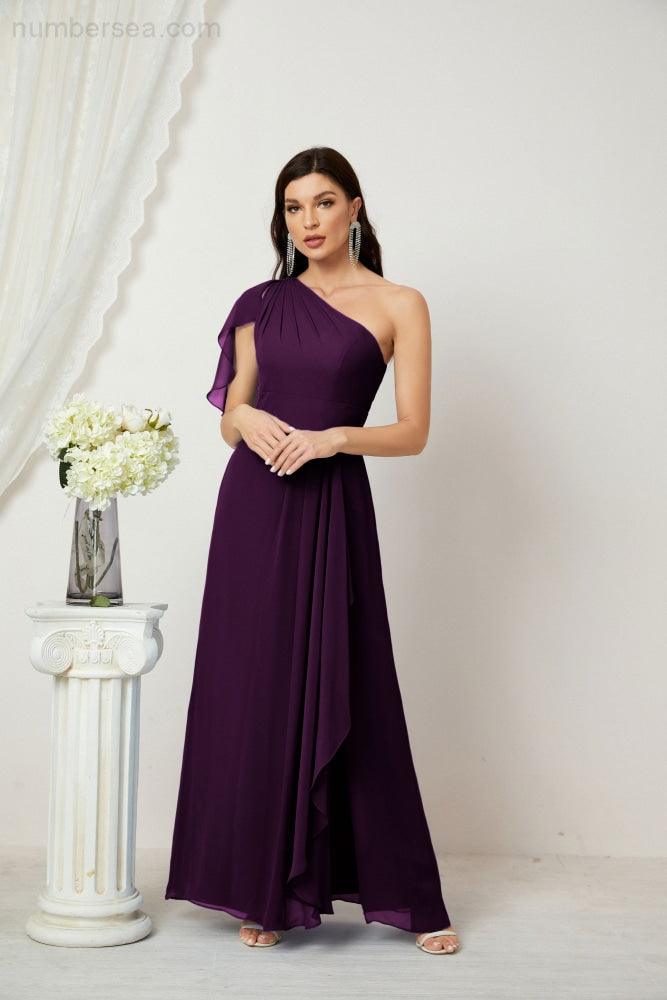 Abito da Sera Formale A-line con Spalla Singola e Balze in Chiffon, Spacco Laterale, per Damigelle, Modello 2809