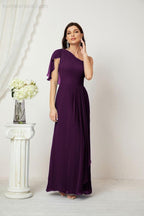 Abito da Sera Formale A-line con Spalla Singola e Balze in Chiffon, Spacco Laterale, per Damigelle, Modello 2809