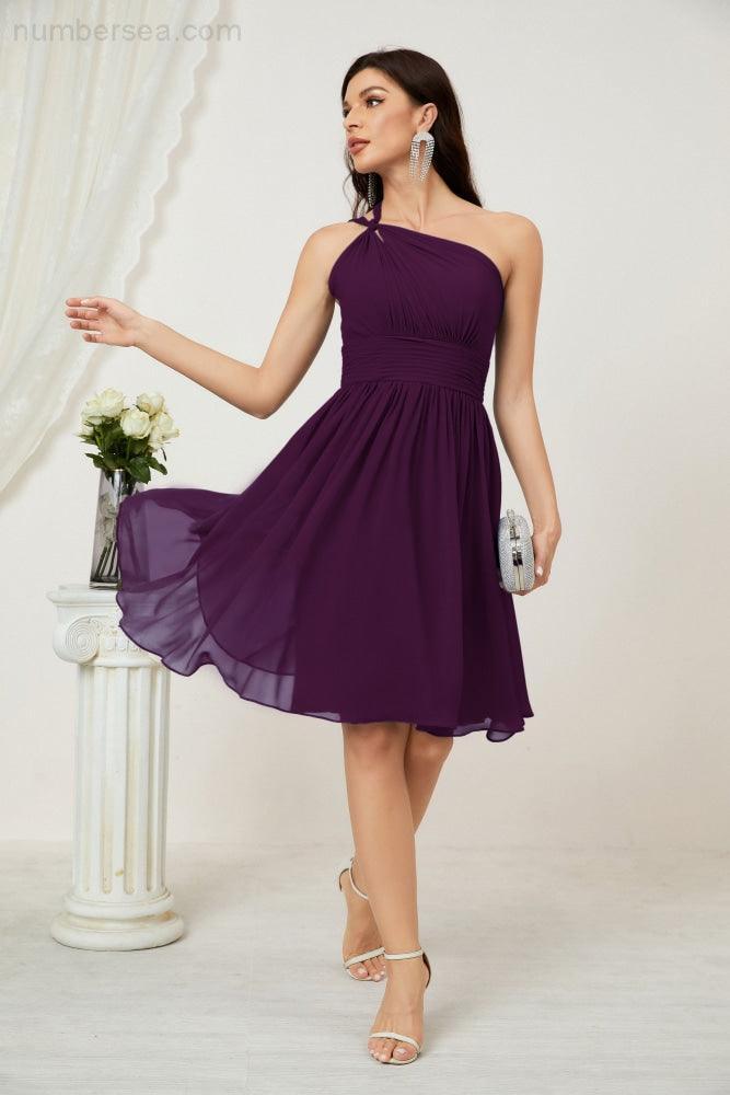 Numbersea Damen Chiffon Kurzes Ein-Schulter Brautjungfernkleid Festliche Kleider für Feier Heimkehr 2804