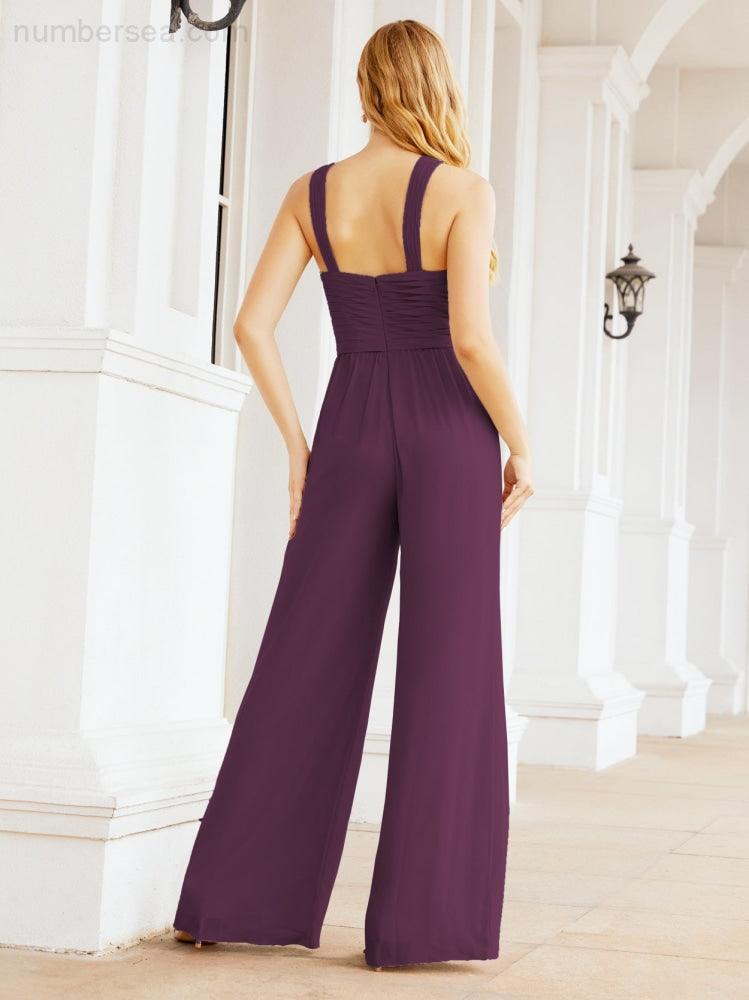 Tuta da sera elegante Numbersea con scollo incrociato, abito lungo per damigella, pantaloni a zampa d'elefante 28033
