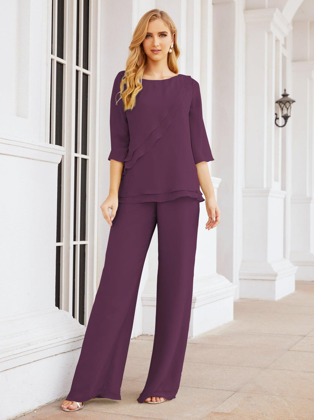 Robe de mariée élégante pour la mère de la mariée en deux pièces, tailleur pantalon grande taille à volants superposés, peignoir argenté 28064