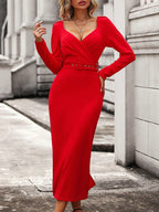 Elegant V Neck Waist Split Long Sleeve Evening Dress for Women