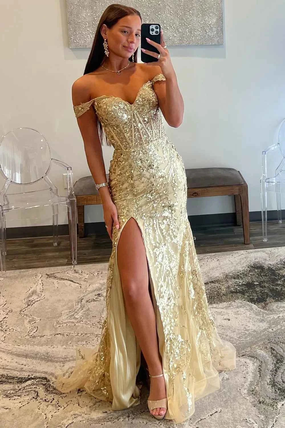 Sparkly Gold Off Shoulder Mermaid Sequin Long Prom Dress With Slit