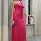 Vestido rojo con hombros descubiertos, estilo nicho, asimétrico, irregular, de un solo hombro, con tirantes, cintura adelgazante, con lentejuelas, elegante vestido de noche. 