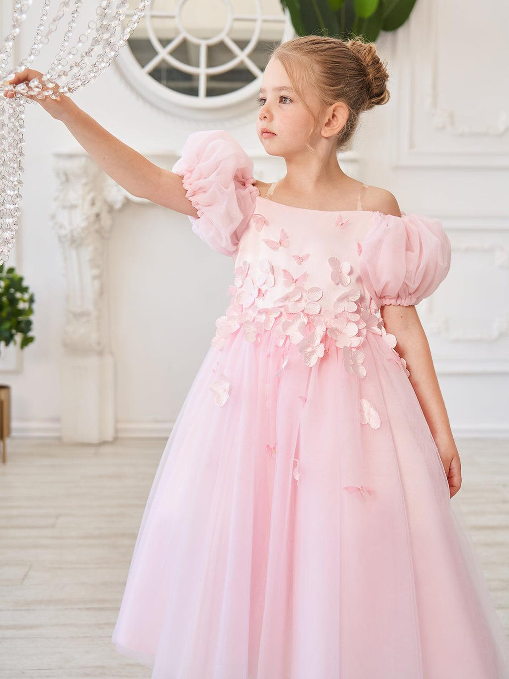 Tulle Tea Length Flower Girl Dress Square Neck Floral Applique Beading