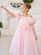 Tulle Tea Length Flower Girl Dress Square Neck Floral Applique Beading