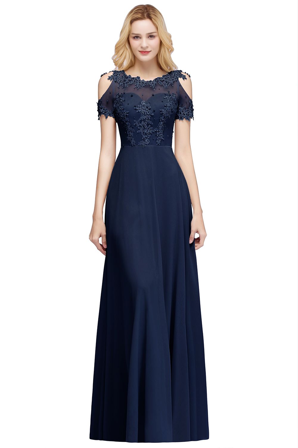 BMbridal Short Sleeve Lace Appliques Chiffon A Line Floor Length Prom Dress