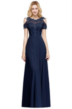 BMbridal Short Sleeve Lace Appliques Chiffon A Line Floor Length Prom Dress