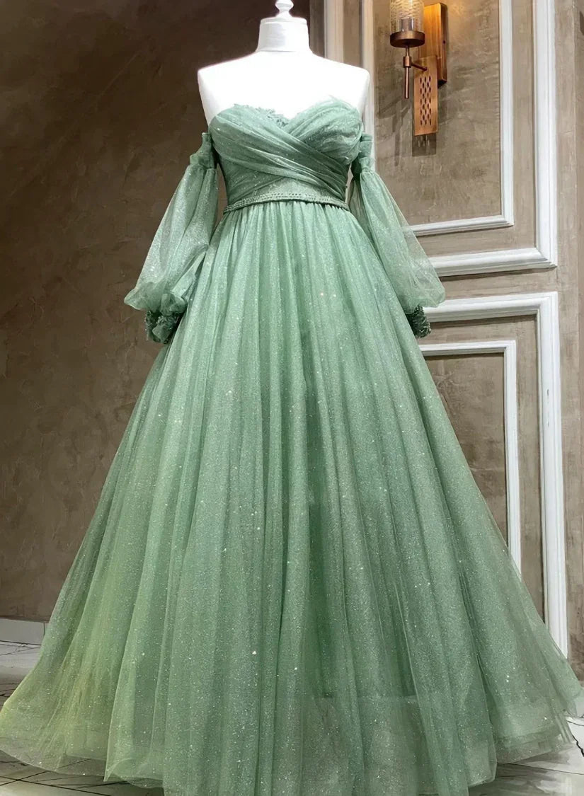 Vestidos Formais com Mangas Bufantes de Tule Verde Brilhante Vestido de Noite Longo Verde Corte em A Y7981