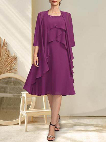 A-Linie U-Ausschnitt Knielang Chiffon Kleid für die Brautmutter mit Perlenbesatz