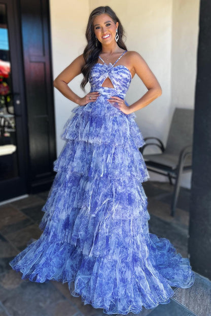 Vestido de fiesta largo con volantes, escote halter y abertura en la cerradura con estampado escalonado