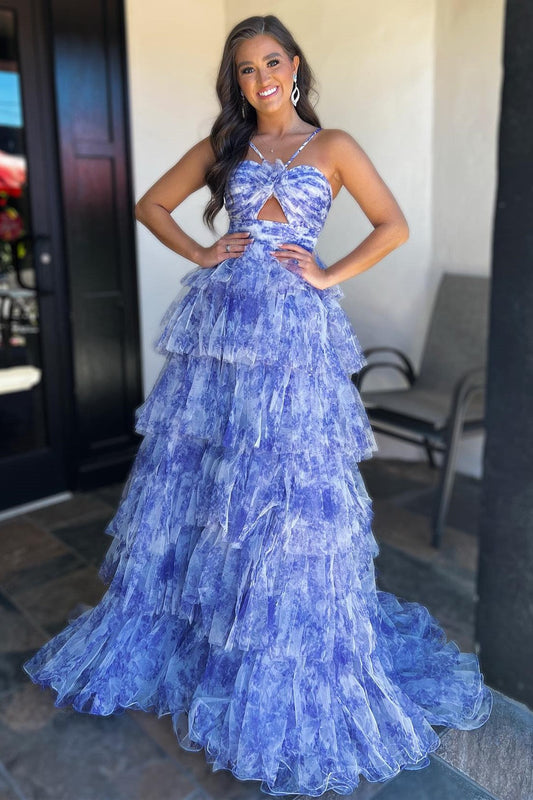 Vestido de fiesta largo con volantes, escote halter y abertura en la cerradura con estampado escalonado