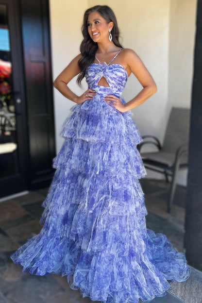 Vestido de fiesta largo con volantes, escote halter y abertura en la cerradura con estampado escalonado
