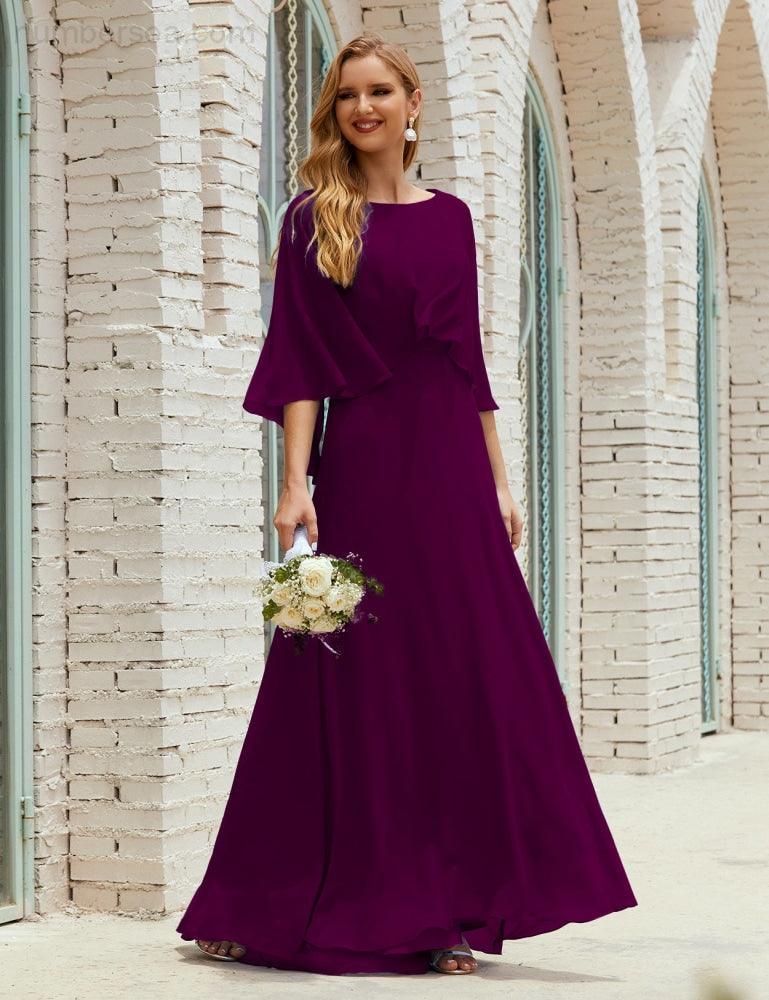 Abito da Damigella Donna Manica Lunga Scollatura a V Chiffon Abito da Cerimonia Matrimonio Festa 28018