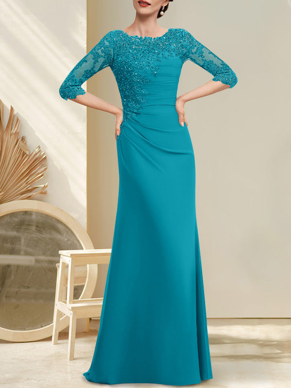 Robe de mère de la mariée en mousseline et dentelle, longueur au sol, en ligne A, décolleté en U, ornée de perles et de paillettes plissées