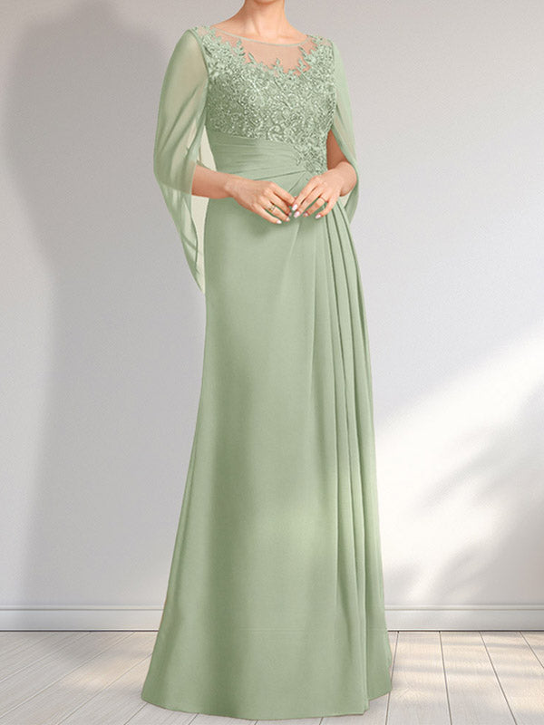 A-Linie, U-Ausschnitt, Illusion, bodenlanges Chiffon-Kleid für die Brautmutter mit plissierten Pailletten