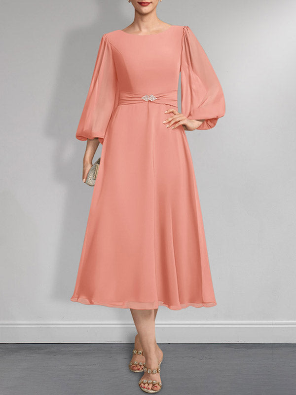 A-Linie U-Ausschnitt Wadenlang Chiffon Mutter der Braut Kleid Mit Kristall Brosche Plissee