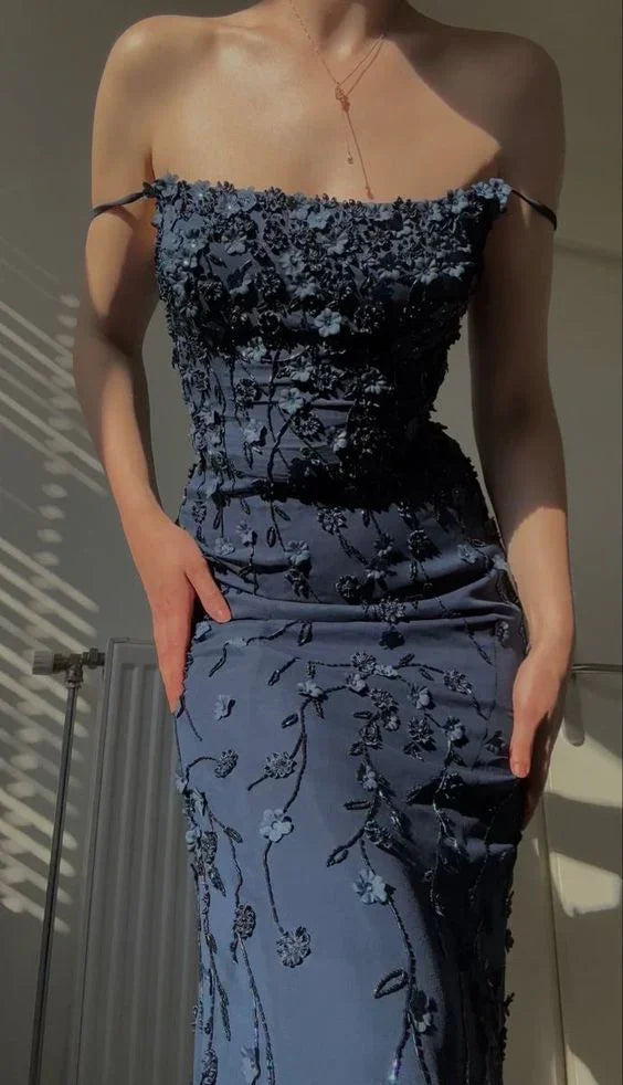 Vintage marineblaue Spaghettiträger Applikationen Ballkleid Meerjungfrau Geburtstagskleidung Abendkleid Y7456