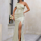 Damen Kleidung Pailletten One-Shoulder-Kleid Taille Abnehmen Schulter Ärmellos Party Cocktail Abendkleid 