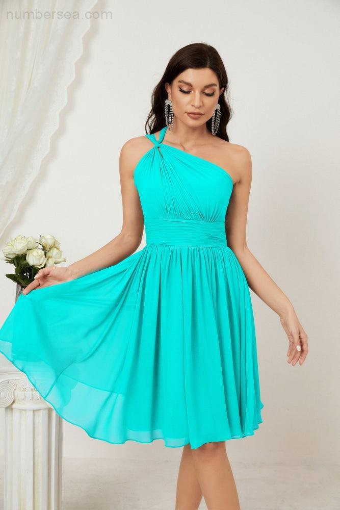Numbersea Damen Chiffon Kurzes Ein-Schulter Brautjungfernkleid Festliche Kleider für Feier Heimkehr 2804