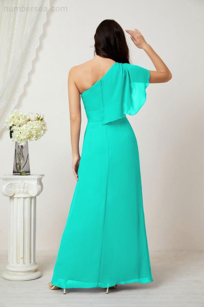 Abito da Sera Formale A-line con Spalla Singola e Balze in Chiffon, Spacco Laterale, per Damigelle, Modello 2809