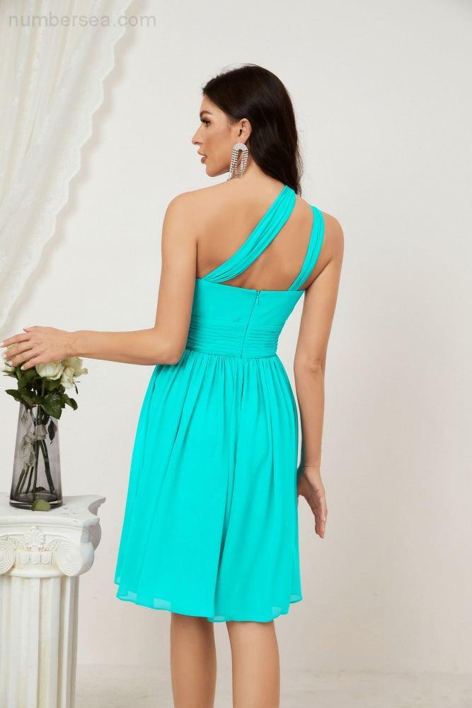 Numbersea Damen Chiffon Kurzes Ein-Schulter Brautjungfernkleid Festliche Kleider für Feier Heimkehr 2804