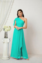 Abito da Sera Formale A-line con Spalla Singola e Balze in Chiffon, Spacco Laterale, per Damigelle, Modello 2809