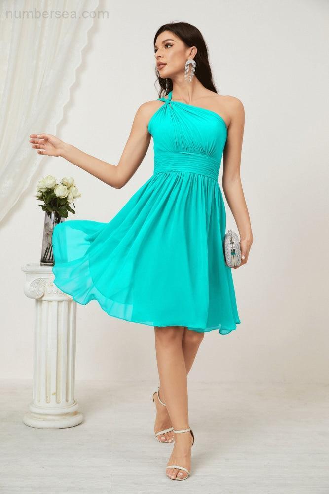 Numbersea Damen Chiffon Kurzes Ein-Schulter Brautjungfernkleid Festliche Kleider für Feier Heimkehr 2804