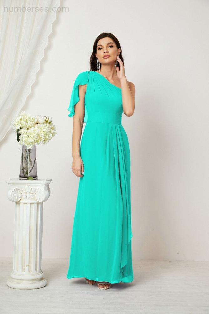 Abito da Sera Formale A-line con Spalla Singola e Balze in Chiffon, Spacco Laterale, per Damigelle, Modello 2809