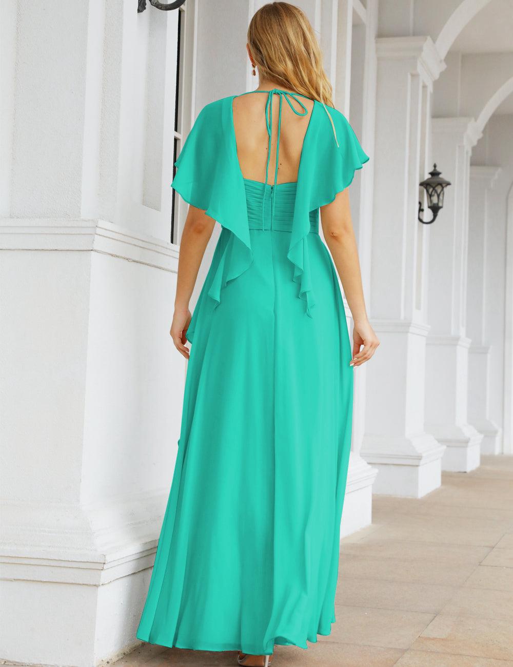 فساتين وصيفات الشرف من الشيفون فساتين سهرة طويلة رسمية فستان أم العروس بأكمام مرفرفة     SEA28040