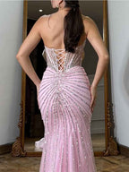 Pink Strapless Crystal Corset Illusion Bodice Prom Dress With High Slit