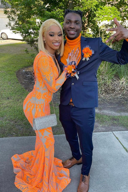 Orange Long V-Neck Lace Mermaid Prom Dress with Sleeves