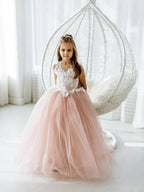 Dusty Rose Puffy Lace Sleeveless Flower Girl Dresses With Appliques And Bow