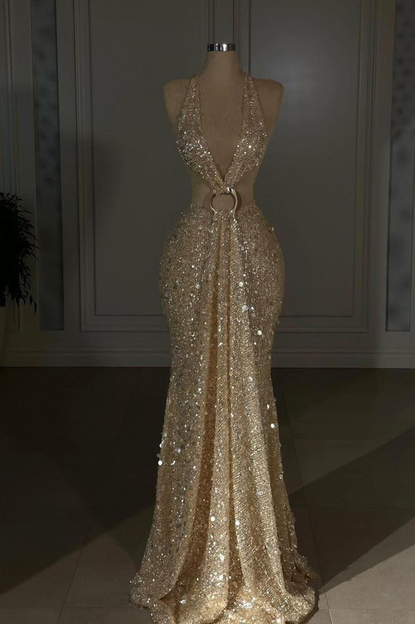 Halter Sleeveless Backless Mermaid Prom Dress With Sequins Custom Color Options