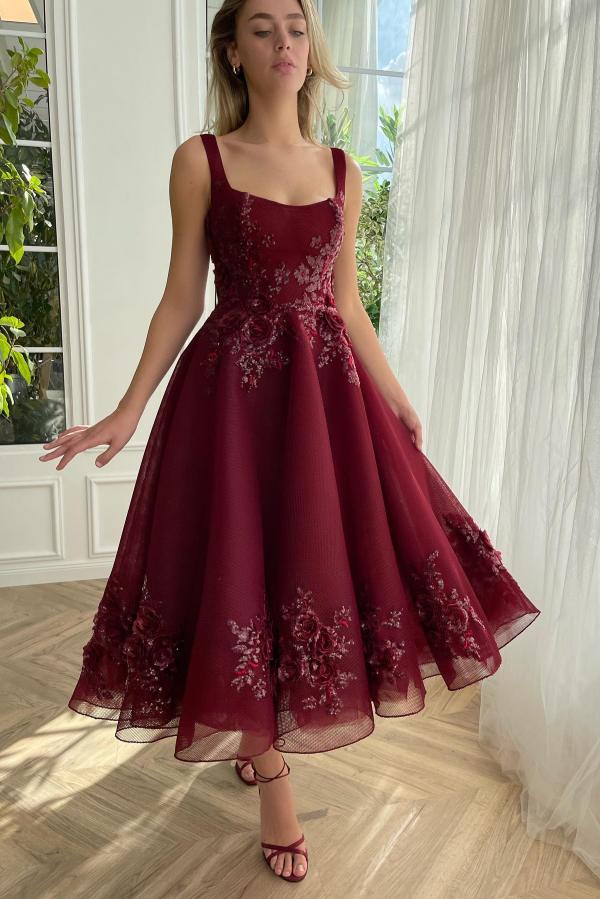Bmbridal Tulle Square Neck A Line Prom Dress With Lace Appliques
